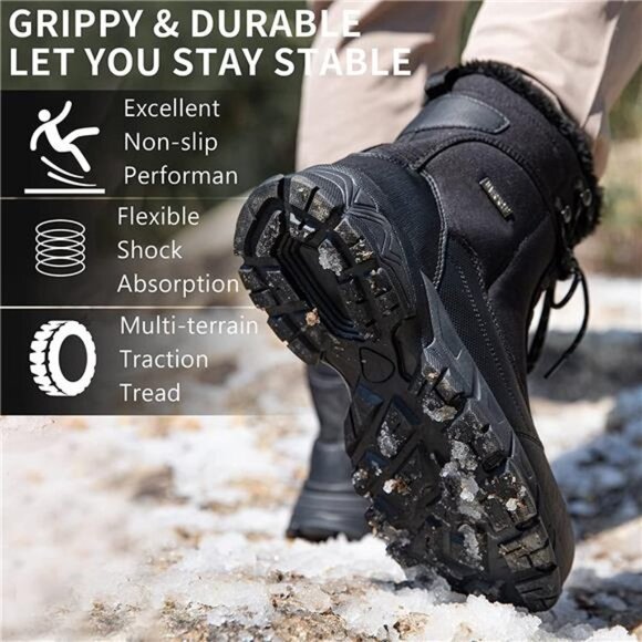 Men\'s Snow Boots Waterproof Warm Fur Lined Ankle High-top Shoes, Black main image 5